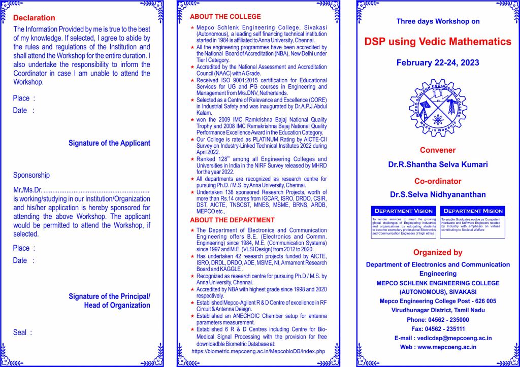 Three Days Workshop on DSP using Vedic Mathematics 2023